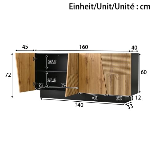 vutizal Sideboard Modern, Aufbewahrungsschrank 160 cm Breit mit Geometrischer Front & Verstellbarem Regalboden – Anrichte, Buffetschrank für Wohnzimmer, Essbereich, 160 x 40 x 72 cm
