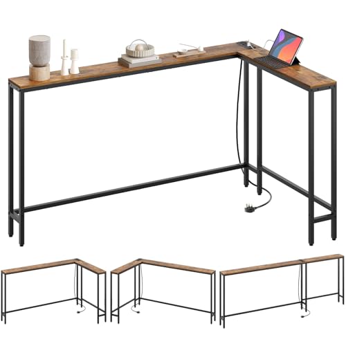 YATINEY Slim Console Table, 200 cm Narrow Sofa Table with Power Outlets, Behind Entryway Table, 3 Assembly Options, for Entryway, Rustic Brown XCT17KBR
