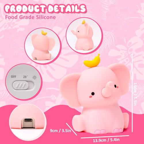 Image of Ammonite Pink Elephant Night Light, Soft Silicone Elephant Nursery Lamp with 2 Dimming Levels and 20-Minute Timer, Touch Control Nightlight for Bedroom Decor, Christmas Birthday Gift