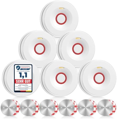 Rauchmelder, Feuermelder mit 10 Jahre Batterie, Brandmelder mit Magnethalterung und Starken Klebepads, Rauchwarnmelder, DIN EN 14604 Zertifiziert, 6er Set