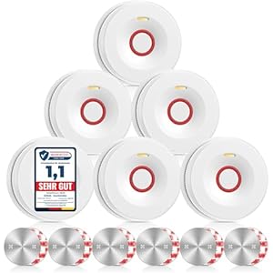 Rauchmelder, Feuermelder mit 10 Jahre Batterie, Brandmelder mit Magnethalterung und Starken Klebepads, Rauchwarnmelder, DIN EN 14604 Zertifiziert, 6er Set