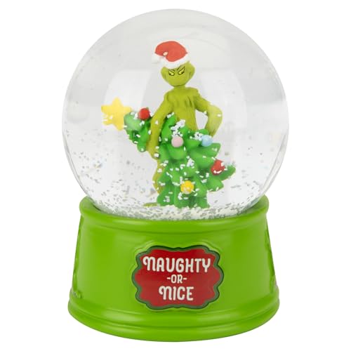 PMS Grinch - Palla di neve in resina, 8 cm, con licenza ufficiale, con base Naughty or Nice, ornamento natalizio da collezione con il Grinch, effetto neve glitterata