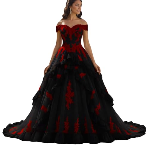 Lemai Off The Shoulder Black Lace Gothic Wedding Dress with Ruffles for Women Long Princess Ball Gown Prom Quinceanera Dress Black Red 14