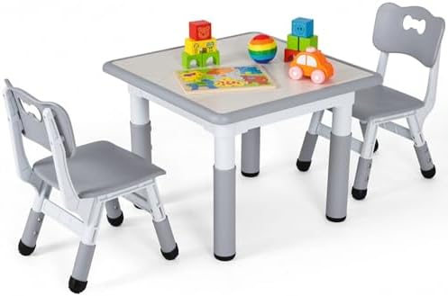 Clevich Kindertisch mit 2 Stühlen, Tisch Stuhl Set, Kindersitzgruppe Höhenverstellbar, Kindermöbel für Kinderzimmer Maltisch Sitzgruppe- Ergonomisch, Multifunktional - Grau