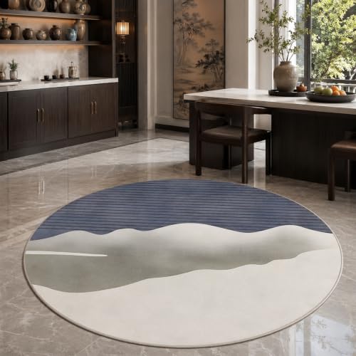 Tapis rond tableau abstrait bleu 80 cm lavable résistant aux taches - 2