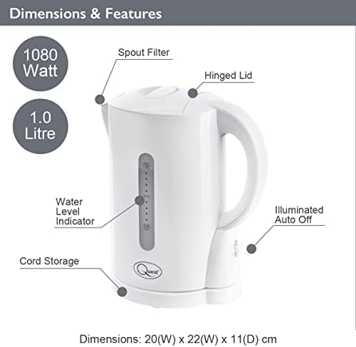 Quest 36039 1 Litre Kettle / Compact Design / Spout Filter / Water Level Indicator / BPA Free / White Colour