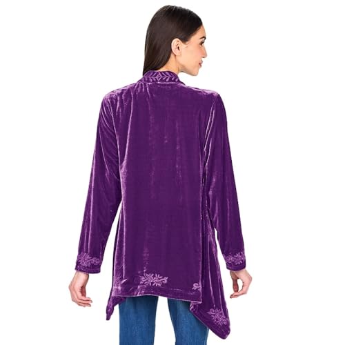 Image of Women's Embroidered Velvet Open Front Cardigan Jacket - Purple 2X