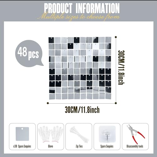 KEQU Shimmer Wall Sequin Backdrop, 48pcs Square Shimmer Wall Sequin Backdrop, DIY Party Shiny Decor for Wedding, Birthday, Anniversary, Graduation, Holiday&Home Background Supplies (Silver) by KEQU - Image 3