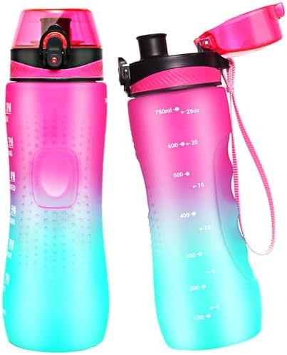 Binudum Trinkflasche Motivations Wasserflasche mit Zeitmarkierung, Sport Tritan BPA freie auslaufsichere Wasserflasche für Jugendliche, Erwachsene, Fitnessstudio (Lila-Grün, 750 ml