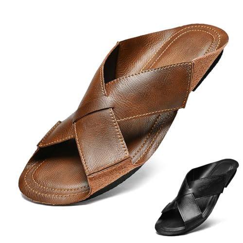 Men's Leather Cutout Flat Beach Slides Sandals Comfortable Lightweight Open Toe Anti-Slip Slip On Casual Water Sandals for Indoor & Outdoor Walking