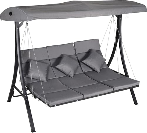 dechome - dondolo da giardino 3 posti con tettuccio parasole in metallo/poliestere dimensioni 200x115x168 cm colore grigio