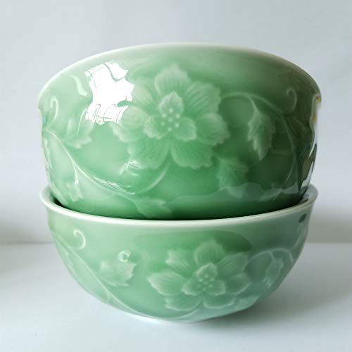 Chinese Rice Bowl 13-Ounce 5Inch Dinnerware Microwave And Dishwasher Safe Engraved Peony Porcelain (1, Green) #TOP3
