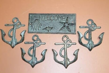 Vintage Gift for Boat Anchor Decor Collector, Cast Iron Wall Hooks, Tidal Treasures