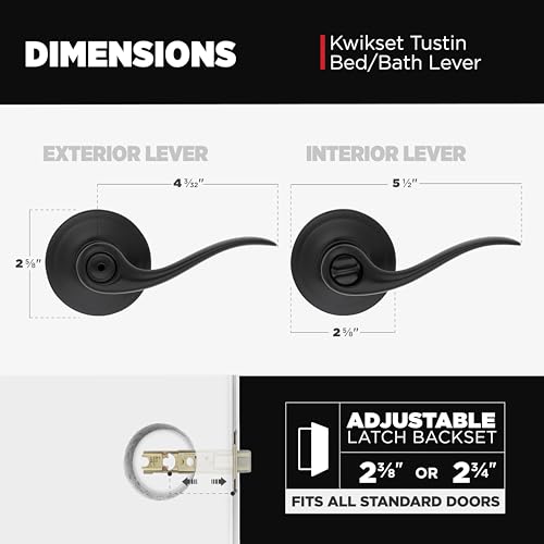 Image of Kwikset Tustin Interior Privacy Door Handle with Lock, Door Lever For Bathroom and Bedroom, Matte Black Reversible Keyless Push Button Lock Door Lever, with Microban Protection