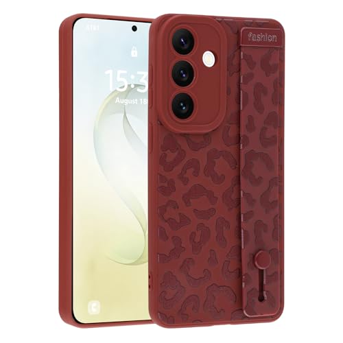 Image of Compatible with Samsung Galaxy S26 Case with Strap Wrist Wine Red | Cheetah Print Shockproof Soft TPU Protective Cover for Women Girls, Slim Anti Scratch Case 6.3 Inch, Wine Red