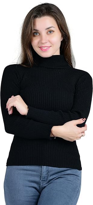 Women's Ribbed Turtleneck Sweater, Black, Long Sleeve, Fitted Style-picture-48