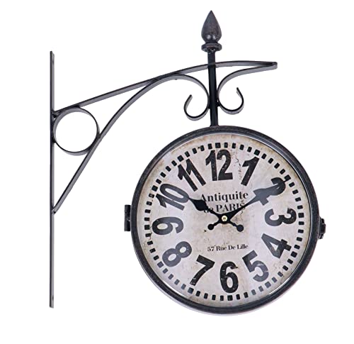 Way Home Store Horloge de gare murale en fer – coloration noire double face – ANTIQUITE Paris – Cadran avec diamètre 22 cm – Dimensions : 35 x 39 x 9 cm