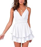 Nova In Sky Womens Summer Dresses Sexy V-Neck Spaghetti Strap Tie Backless Ruffle A-Line Casual Dress White-C XS