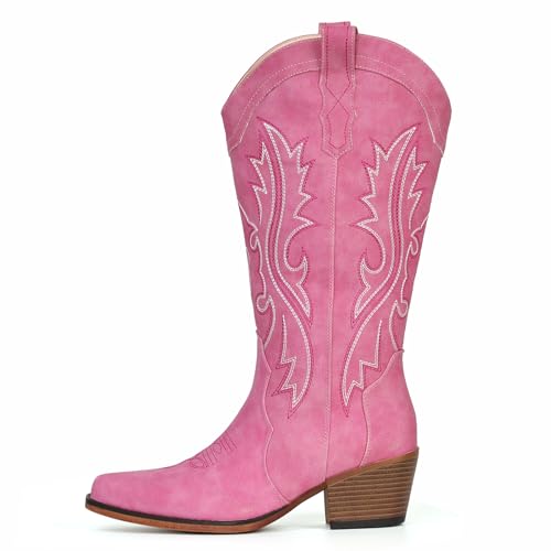 Image of IUV Cowboy Boots For Women Western Cowgirl Boots with Chunky Heel Mid Calf Snip Toe Ideal for low insteps