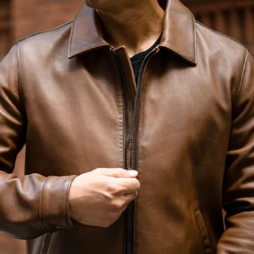 Image of Mens Shirt Collar Genuine Real Lambskin Leather Jacket For Men Vintage Classic Biker Style with Zip Out Liner