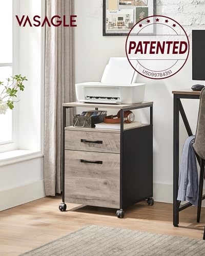 Image of VASAGLE File Cabinet, Mobile Filing Cabinet with Wheels, 2 Drawers, Open Shelf, for A4, Letter Size, Hanging File Folders, Heather Greige and Ink Black UOFC071B02
