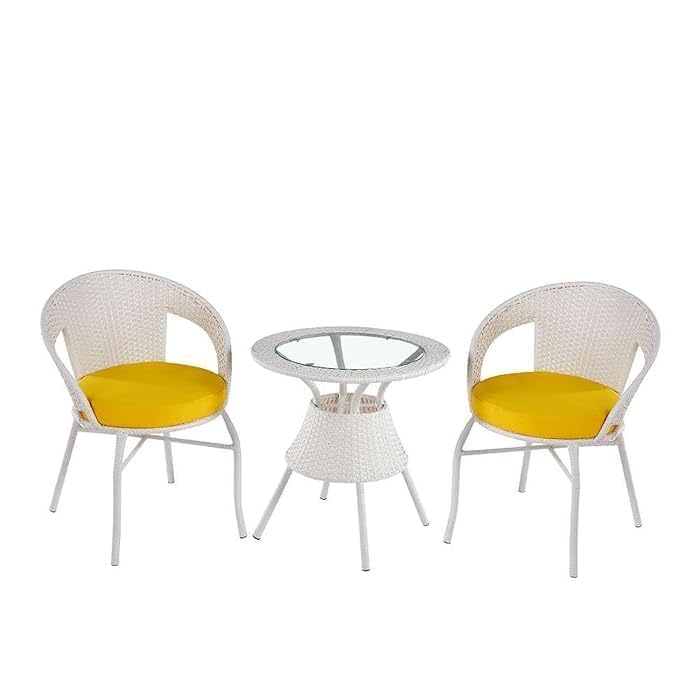 Image of 2 Chair 1 Table with Cushion for Outdoor, Indoor, Patio, Rattan Chair, Conversation Set, Living Room, Dining Room, Garden, Chair Set with Table (D-12 Off White & Yellow 2+1)