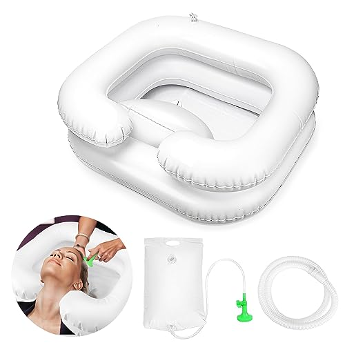 Lavabo de Cabello para Postrado en Cama, Lavabo de Champú Inflable Portátil con Almohada y Manguera de Drenaje de 1M y Bolsa de Agua, para Pacientes Postoperatorios Ancianos Discapacitados
