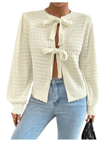 Image of Milumia Women's Tie Up Bishop Long Sleeve Cardigan Hollow Out Knit Sweater Tops Apricot Large