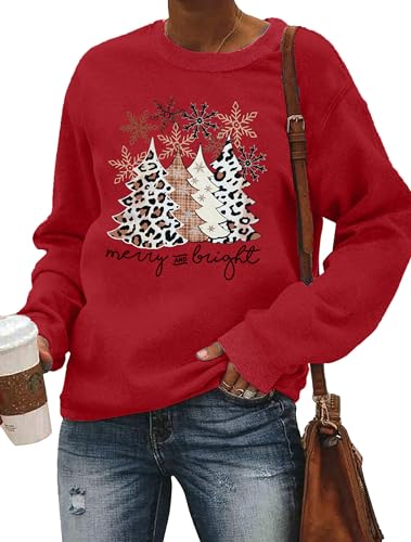 Image of Christmas Sweatshirt Women Merry and Bright Christmas T-Shirt Funny Xmas Lights Blouse Tops Holiday Shirts