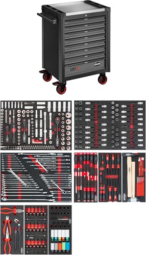 Vigor Workshop Trolley V1901-X/376 Series L, 8 Drawers, with Reversible Ratchets, Socket Wrench, Screwdriver, Pliers Set, Stainless Steel Worktop, 500 kg Load Capacity, Powder-Coated