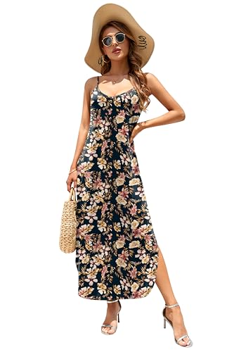 Image of HUSKARY Women's Summer Casual Sleeveless V Neck Strappy Split Loose Dress Beach Cover Up Long Cami Maxi Dresses with Pocket