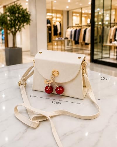 Image of KBR Mini Sling Bag for Girls, Cute Small PU Leather Crossbody Purse with Cherry Pendant Charm, Adjustable Strap, Magnetic Flap Closure, Kids Fashion Bag (Cream White)
