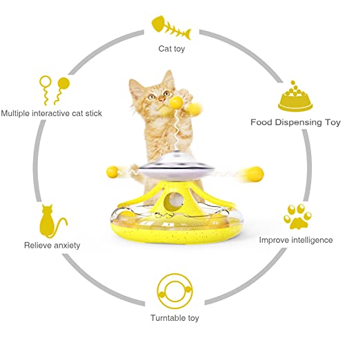 Autens Multifunction Cat Toy Balls With 2-Level Windmill Turntable Cat Tracks Kitty Teaser Stick Ball Food Dispenser Interactive Pet Supplies (Yellow) #TOP1