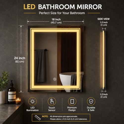 Image of LED Smart Bathroom Mirror with Touch Sensor | 3-in-1 Light Modes - Warm White | Cool White & Natural Light | Office and Home Use (Portrait 2, 18x24)