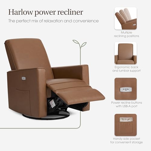 Image of Evolur Harlow Upholstered Power Glider Recliner with USB Charging - Rocking & 275 Swivel with Smooth Glide - Greenguard Gold & FSC Certified - Modern Nursery and Living Room Chair in Cognac