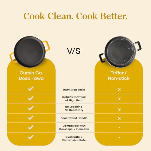 Image of CUMIN CO. Cast Iron Non Stick Dosa Tawa 30 cm | Induction Base Cookware | 10 Year Warranty | Chemical Free Coating | Non Toxic Tawa for Dosa /Chilla | Free Accessories | No Seasoning Needed | Mustard