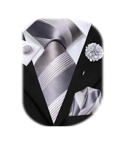 Image of Hi-Tie Mens Paisley Floral Striped Ties Set Silk Necktie and Lapel Pin for Men Pocket Square Cufflinks Set Business Wedding