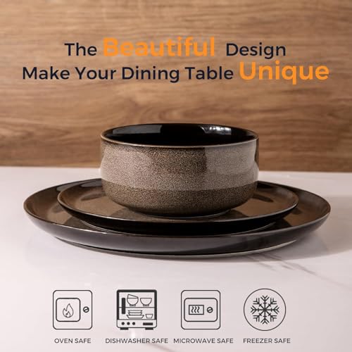 Image of LeRatio Ceramic Dinnerware Sets for 4,12-Piece Plates and Bowls,Handmade Reactive Glaze Dishes Set, Scratch Resistant | Oven&Dishwasher & Microwave Safe,Service for 4(12pcs),Modern-Chestnut