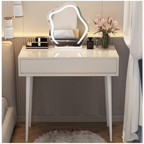Pequeño escritorio de maquillaje con espejo LED ajustable, 120 x 40 x 76 cm, 2 cajones, tocador blanco para dormitorio de niñas, tocador compacto para espacios pequeños