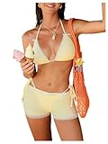 SHENHE Women's 3 Piece Y2k Bikini Set Halter Bow Swimsuits with Lace Shorts Coverups Yellow Large