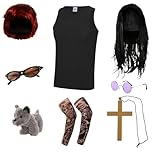 Adults Osbourne Couples Costume - Large - Black Vest, Black Wig, Round Glasses, Gold Cross, Tattoo Sleeves, Red Wig, Sunglasses, Toy Dog - Adults Music TV Celebrity Fancy Dress Costume