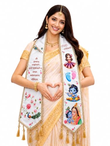 Image of Mom to Be Baby Shower Dupatta for Godh Bharai and baby shower Stoles with Bal Krishna Print, Ceremonial Festive Seemantham Functions FREE Shreenathji Brooch Pin for Dad to Be