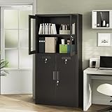 BouPower 71' Black Metal Storage Cabinet with Glass Doors, Garage Storage with 2 Drawers + 2 Adjustable Shelves, Heavy Duty Tool Cabinet with Locking Doors for School, Workshop, Office, Black