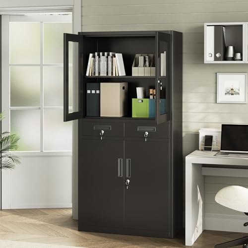 BouPower 71" Black Metal Storage Cabinet with Glass Doors, Garage Storage with 2 Drawers + 2 Adjustable Shelves, Heavy Duty Tool Cabinet with Locking