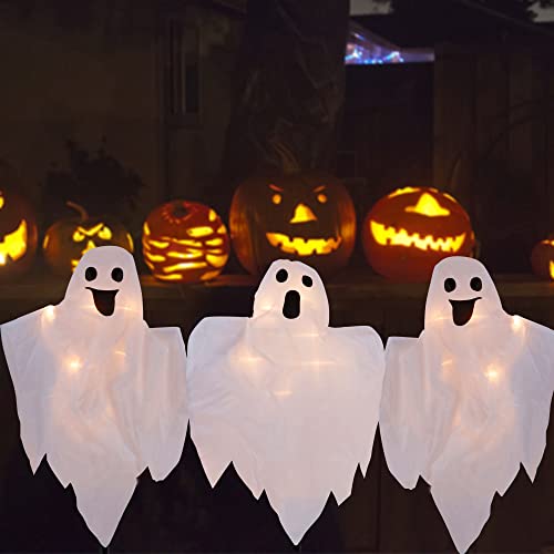 Halloween Decorations, 3 Pack 26 Inch Lighted White Ghost Stakes, Cloth Ghosts With 20-Count Incandescent Light, Light Up Holiday Party Home Haunted House Yard Art, Indoor Outdoor Ornament #TOP5
