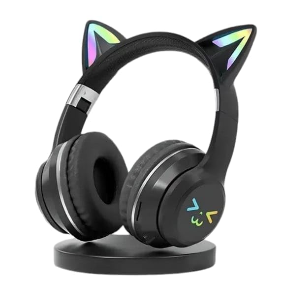 Genérico Auriculares Bluetooth Inalámbricos para Niños con Orejas de Gato LED, Sonido Estéreo, Micrófono, Batería Duradera, Diadema Ajustable, Plegables, Tarjeta TF y Jack 3.5mm, (Negro)