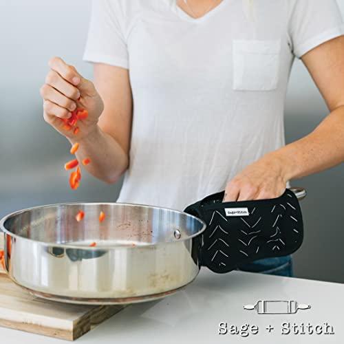 Sage+Stitch Heat Resistant Designer Pot Holders With Hand Pockets And Hanging Loops | Set Of 2 100% Cotton Dual Function Kitchen Pot Holders And Trivets | 7'' X 9'' | Black #TOP5