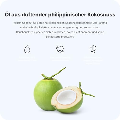 Vilgain® Kokosöl Spray | Natürliches Öl-Kochspray | Sprühflasche | 100% reines Öl aus biologischem Anbau | Für gesundes Kochen und Braten | Getrenntes Treibmittel, 200 ml (Packung mit 2)