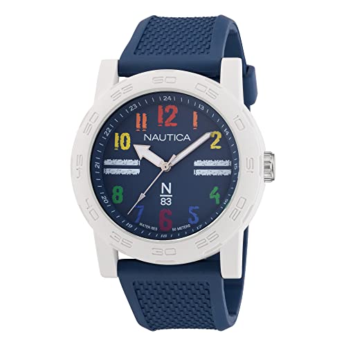 Nautica N83 Herren-Armbanduhr NAPATS304 Ayia Triada, Blau Weizen PU-Faserband, Weiß/Regenbogen/Blau