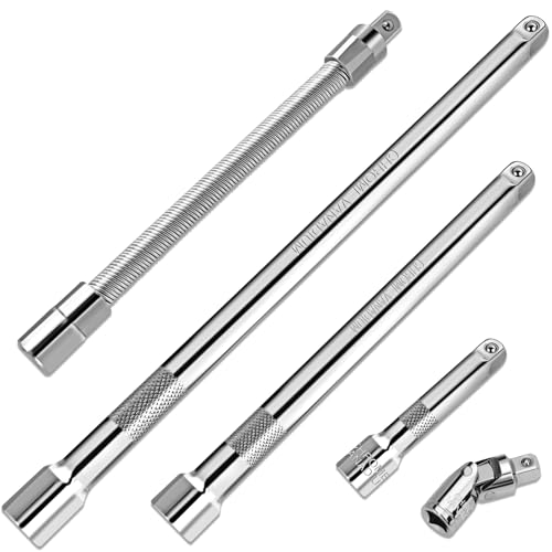 GURADESIGN 5-Piece 3/8 Inch Drive Extension Bar Set, Includes 3, 6, and 10 Inch Extensions, 3/8 Inch Drive Universal Joint Socket and Flexible Socket Extension Bar by GURADESIGN - Used condition - US$8.32